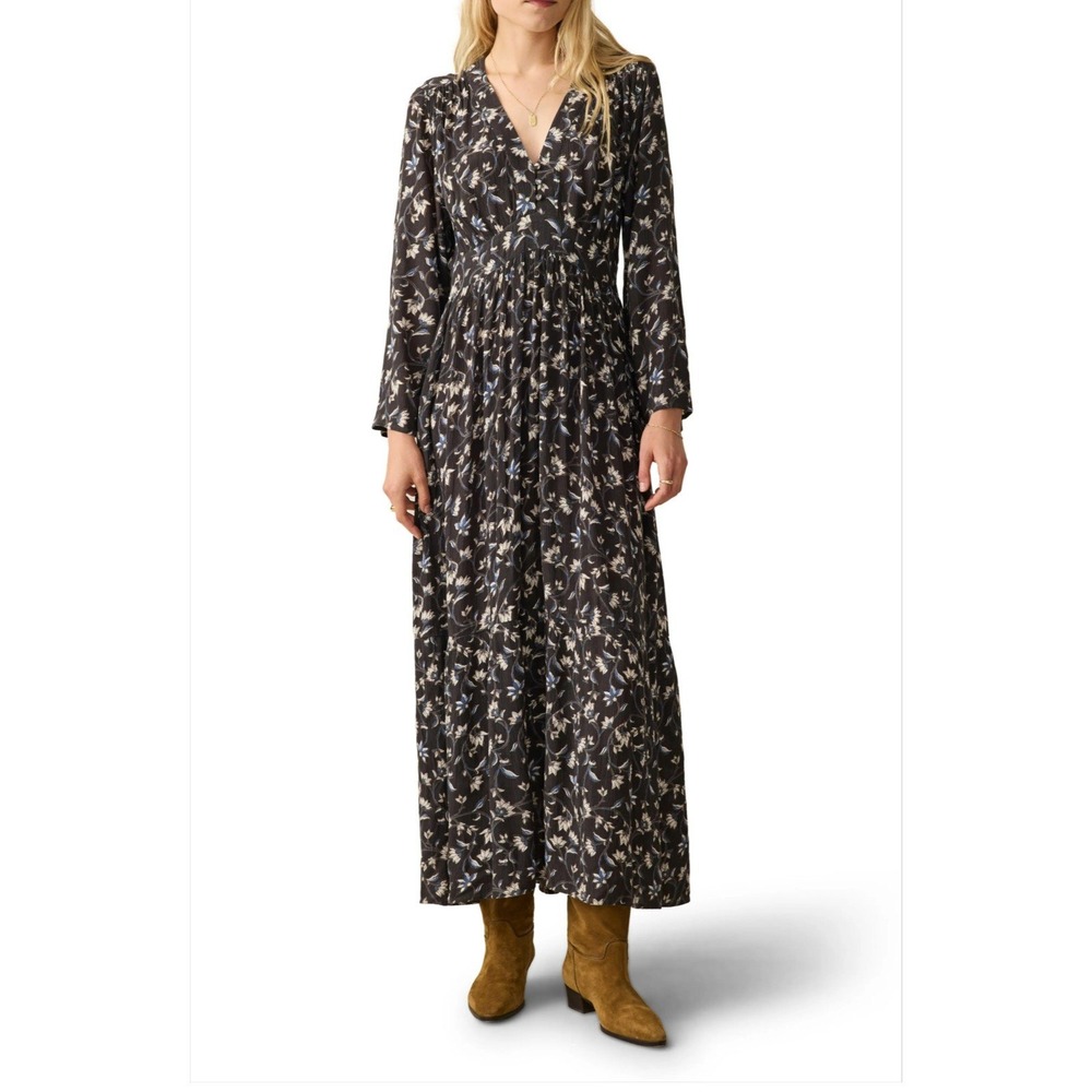 Faherty Dakota Maxi Dress Large Blue Jasmine Moody Floral Boho Smocked V Neck